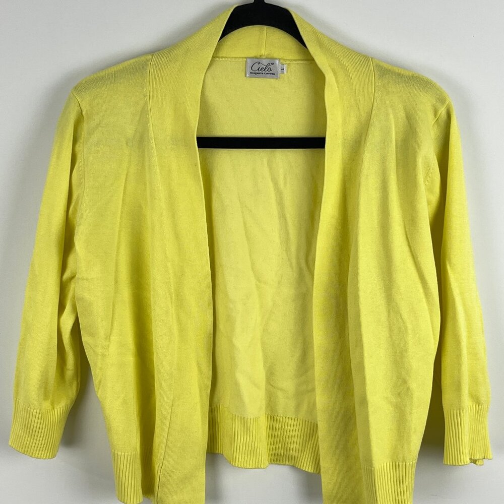 Cielo Sweater Cardigan Size L Yellow 3/4 Sleeve Cropped Collared Viscose Nylon
